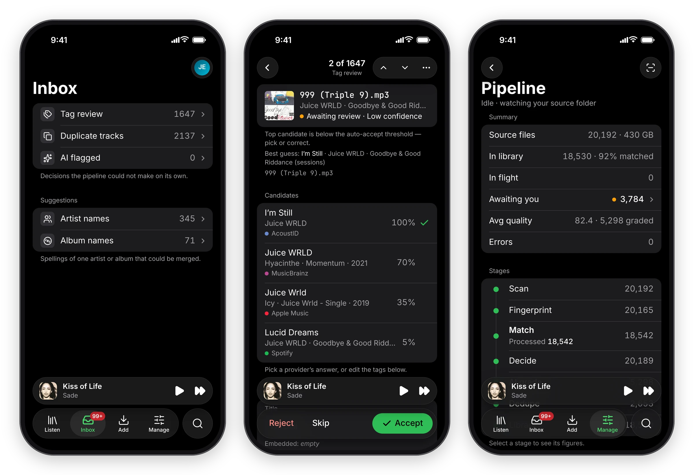 The installed app on three iPhones in dark mode: the Inbox with a count per queue, a Tag review decision with a bottom Accept toolbar, and the Pipeline summary